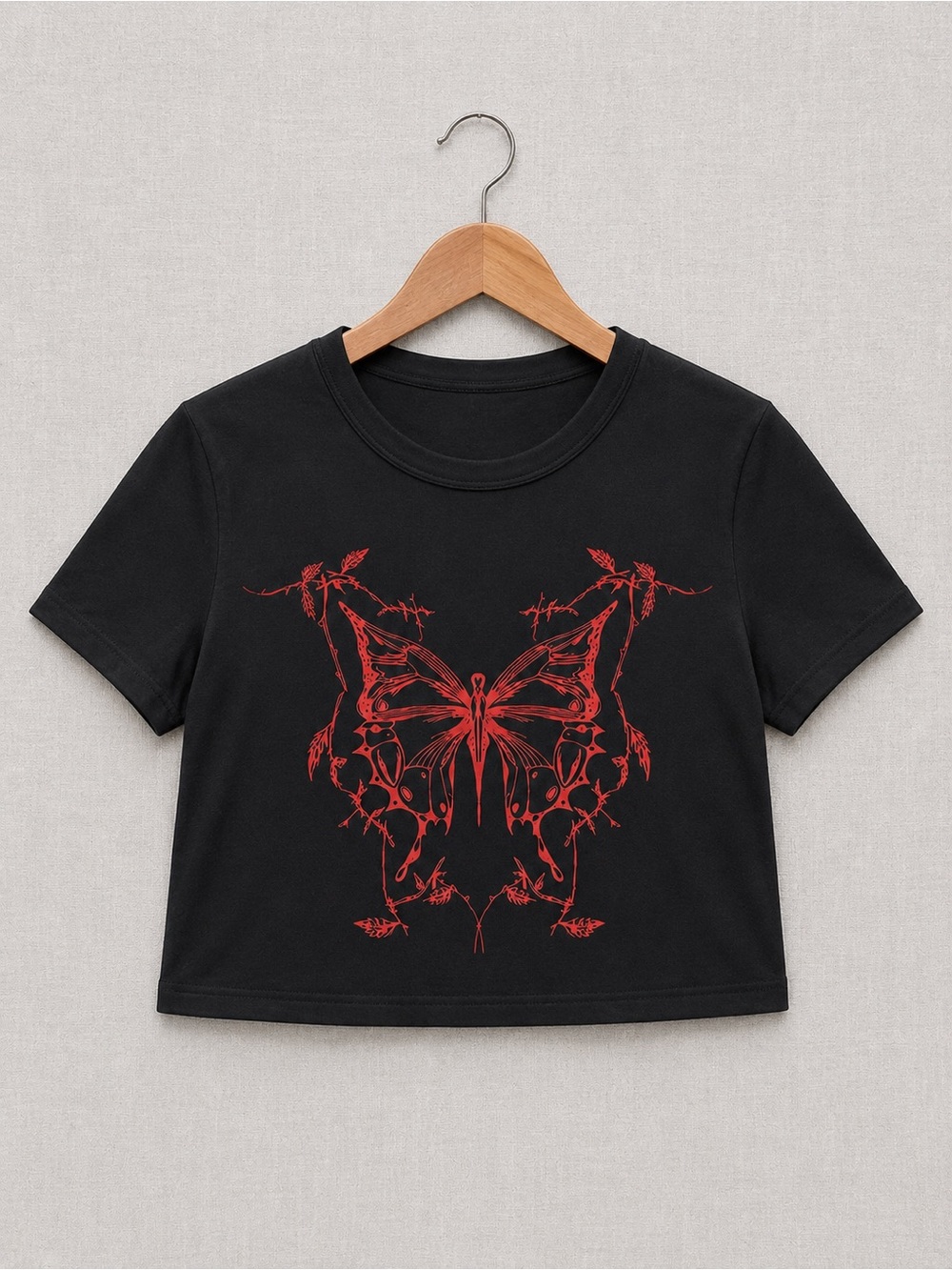 Black Crop Tee with Red Butterfly Graphic - Women